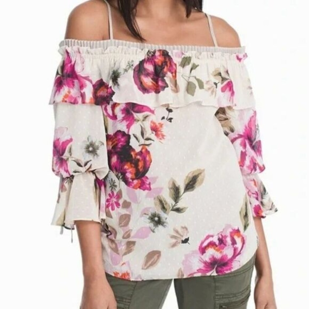 WHITE HOUSE BLACK MARKET On/Off Shoulder Swiss Dot Drama Sleeve Blouse NWOT XXS